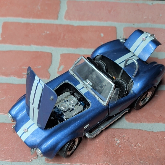 Blue Die-Cast Shelby-Style Roadster Toy Car with White Stripes Missing 2 Pieces - Picture 2 of 5